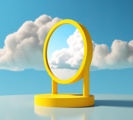 Yellow frame mirror reflecting clouds with sky as background. Surreal, conceptual. Generative AIの素材