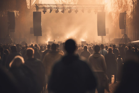 Back view of silhouette of people enjoying music festival at night. Generative AIの素材