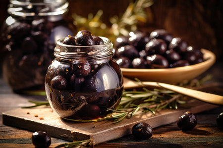 Fresh gourmet picked black olives in glass jar. Generative AIの素材