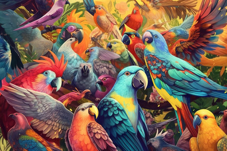 Colorful exotic birds background. Generative AIの素材