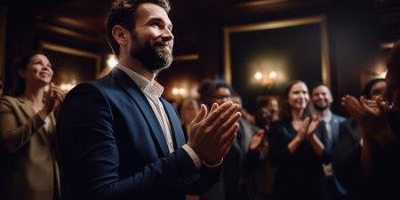 Company dinner night celebrating with man clapping. Generative AIの素材
