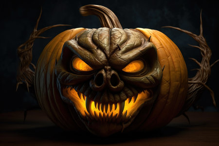 Creepy carved pumpkin laughing over dark background. Generative AIの素材