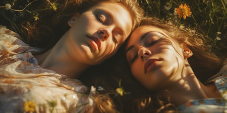 Two young women resting over green grass on a sunny day. Generative AIの素材