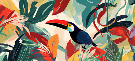 Colorful tropical leaf pattern background with toucan. Generative AI illustrationの素材