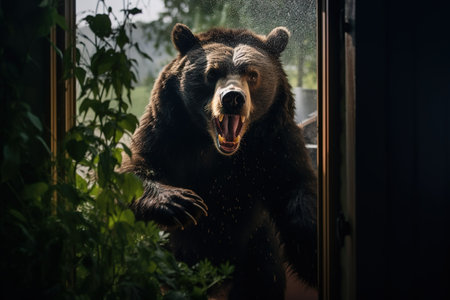 Scary grizzly bear appears in residence window. Generative AIの素材