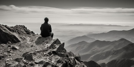 Man sitting alone thoughtfully at the top of the mountain. Generative AIの素材