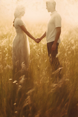 Romantic scene in wheat field of two people holding hands under the sunlight. Generative AI vertical shotの素材