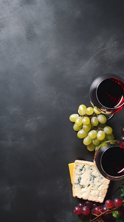 Top view with glass of wine, with cheese and grapes. Generative AIの素材