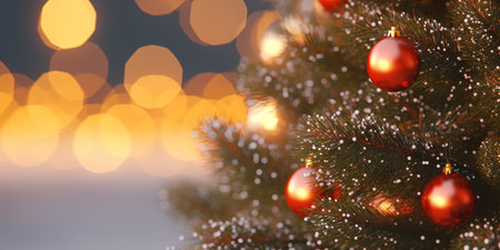 Chloe up decorated Christmas tree with bokeh lights as background with copy spaceの素材