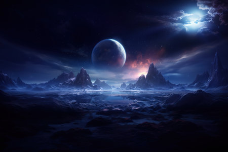 Galactic dreamscape of big moon over rocky mountain extraterrestrial landの素材