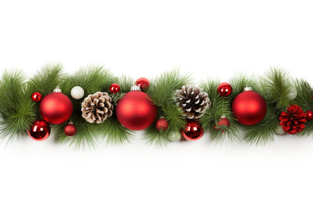 Colorful Christmas garland with pine tree branch, ornamental balls and pine cone. white backgroundの素材