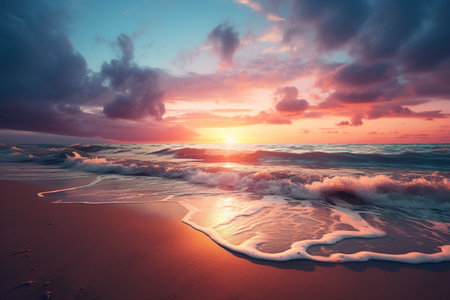 Amazing landscape view of sunrise at the beach in pink tonesの素材