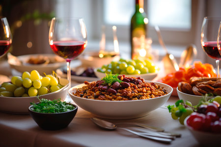 Close up shot of delicious food on table for New Years celebrationの素材