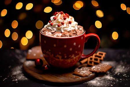Traditional Christmas cocoa served with whipped cream on a red Christmas cupの素材