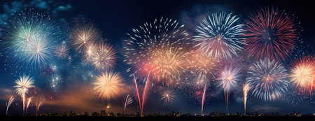 City illuminated under amazing show of fireworks in the sky for New Yearの素材