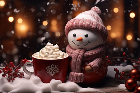 Christmas cocoa decorated with marshmallow and a little snowman toyの素材