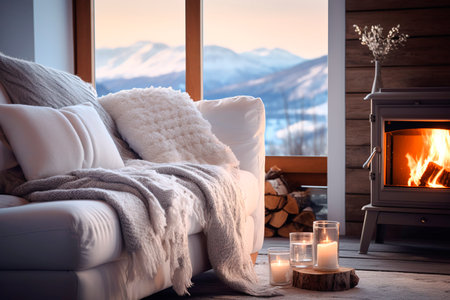 Cozy winter scene of sofa with fireplace and window mountain viewの素材