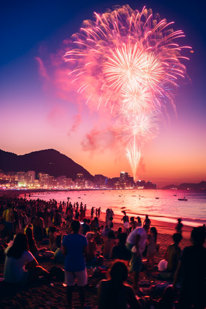 Copacabana beach in Rio de Janeiro in New years sunrise. vertical shotの素材