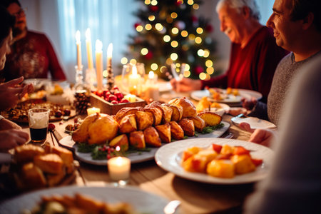 Christmas Eve festive table full of food at night in Latin American family traditionの素材
