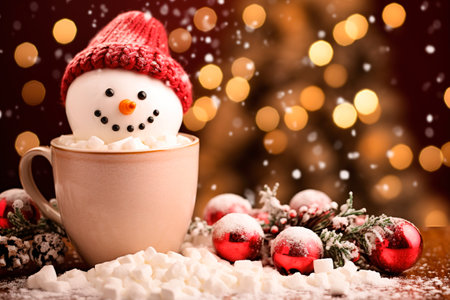 Snowman shape marshmallow over Christmas cocoa. Close up shot with copy space for textの素材