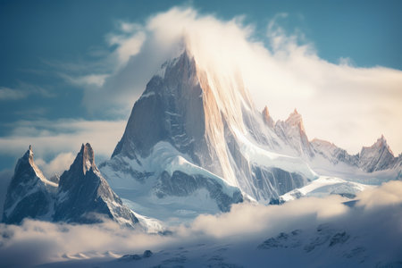 Amazing epic shot of Fitz Roy peak on a sunny foggy cloudy morning. Patagonia Argentinaの素材