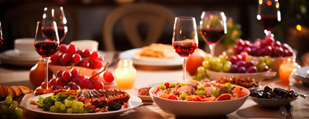 Table full of wine, food and grapes for New Year celebrationsの素材