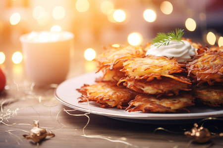 Latkes on plate for Hanukkah celebrations. Jewish traditionの素材