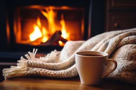 Cozy fireplace on warm home during cold winterの素材