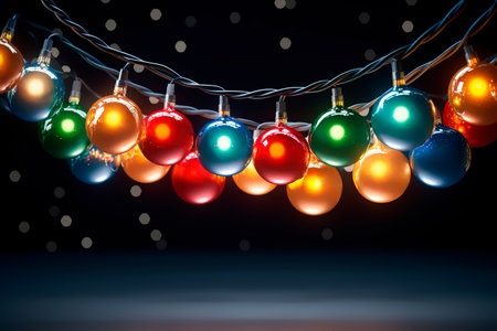 Colorful Christmas lights over dark background banner with copy space for textの素材