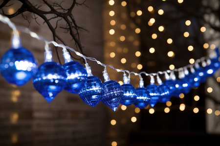 Close up shot of blue hanging Christmas lightsの素材