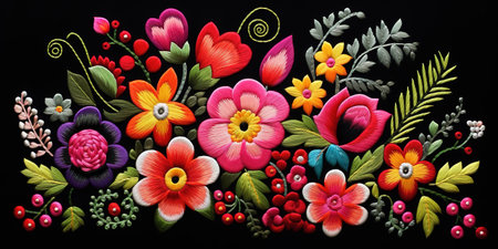 Colorful Latin American floral embroidery over black backgroundの素材