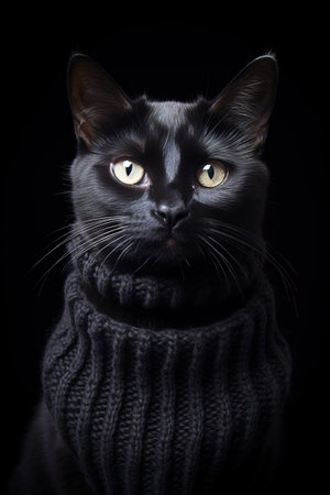 Adorable black cat wearing wool jumper. Vertical headshot portrait on black backgroundの素材