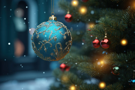 Ornamental Christmas ball shining on outdoors Christmas tree. Close up shotの素材