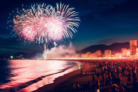 Amazing shot of Copacabana celebrating New Year by the beach with fireworksの素材