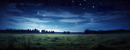 Panoramic peaceful night shot of rural area with starry skyの素材