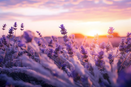 Close up shot of lavender flowers field at sunsetの素材