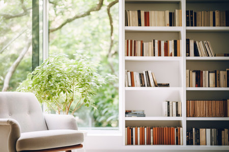 Library living room with bookshelves and sofa and window viewの素材