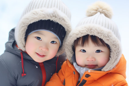 Close up shot of two Asian babies in the snowの素材