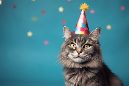 Gray tabby cat wearing party hat over blue background with copy spaceの素材