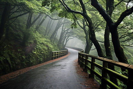 Misty path walk in rainy forest with thick fogの素材