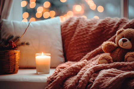 Serene scene of cozy couch in wintertime with candle and blanketsの素材