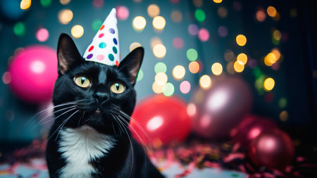 Cute cat wearing party hat in her birthday party. Blurred background with confetti and copy space for textの素材