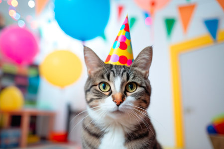 Funny cat in its birthday party wearing party hatの素材