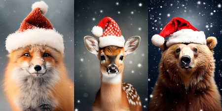 Collage set of three shots of a fox, a reindeer and a grizzly bear wearing Christmas hatsの素材