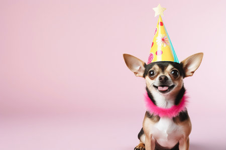 Cute funny chihuahua wearing party hat posing over pink background with copy spaceの素材