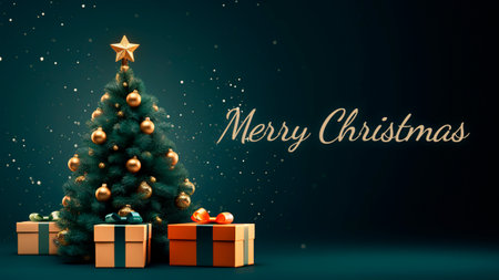 Merry Christmas banner with Christmas tree over green dark backgroundの素材