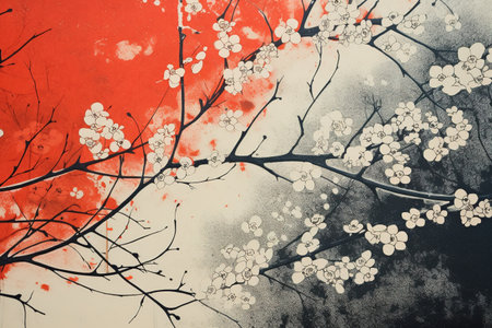 Screen printed oriental illustration with blossom treeの素材
