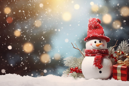 Christmas banner concept with snowman toll in snowy background with copy spaceの素材