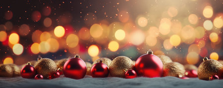 Christmas ball ornaments banner with bokeh lights with copy spaceの素材