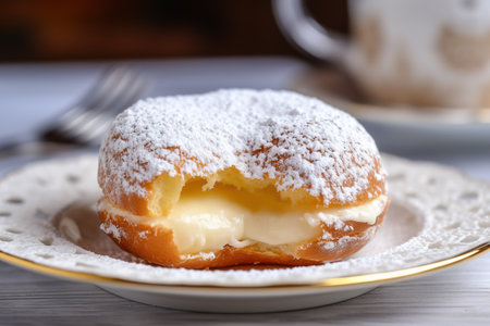 Close up shot of delicious stuffed donut filled with creamの素材